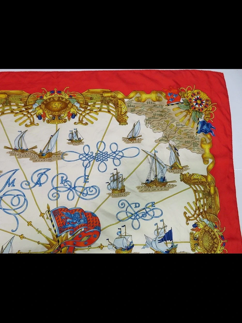 Hermes Silk Scarf Red, Cream, Gold, Blue